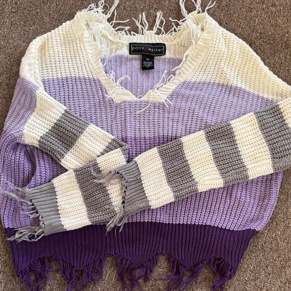 Polly & Esther V-Neck Sweater in Purple, Cream, and Gray